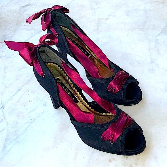 BEVERLY FELDMAN QUEEN B 4 INCH HEEL SIZE 9 NIB Y2K BLACK RED WINE BOWS - Picture 3 of 7